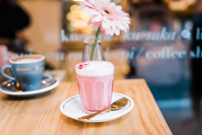 Pink latte a signature beverage in Kusuka