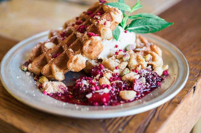 Toasted Belgian Waffles with berry compote and cinnamon mascarpone