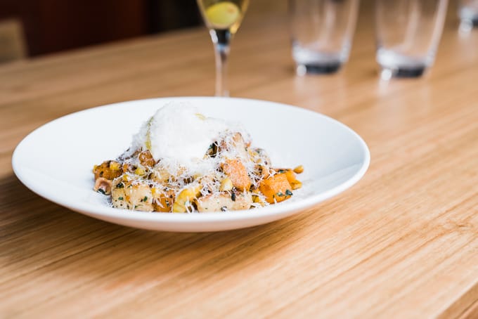 Gnocchi, pumpkin, wood roasted corn and goats curd at Pony Dining