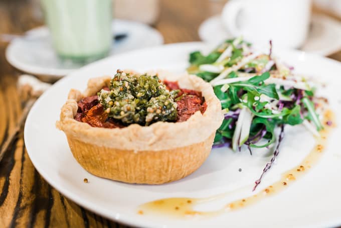 Beetroot and salsa verde quiche with salad at Manmaru