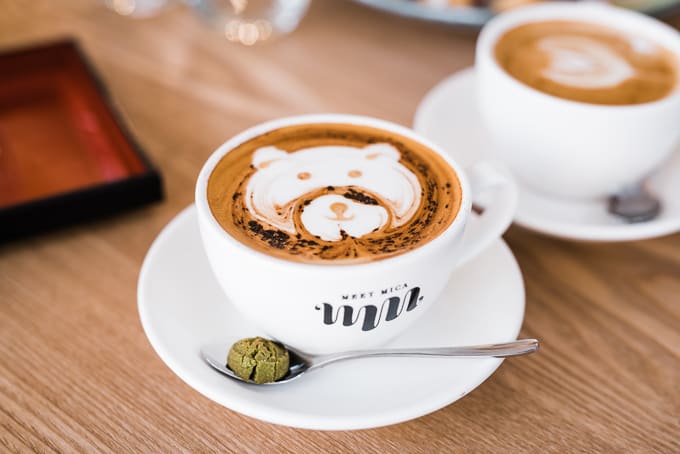 Cute teddy bear latte art at Meet Mica