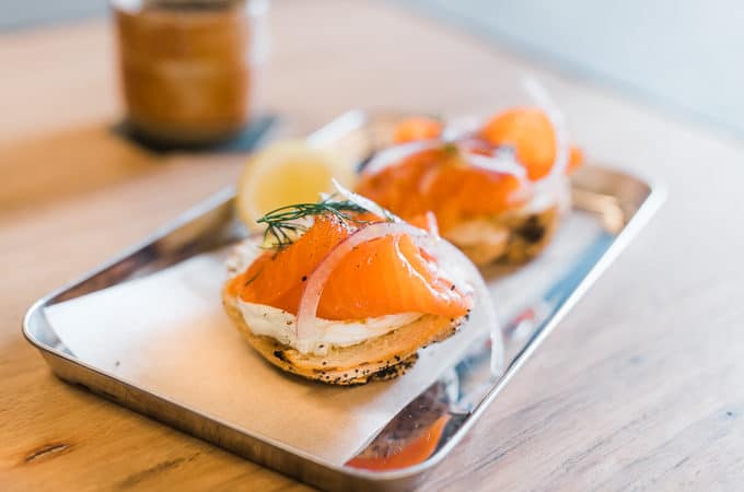 Poppy seed bagel with smoked salmon and cream cheese at Good Fella Coffee