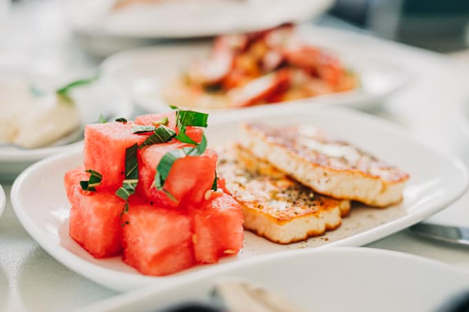 Haloumi with watermelon at Georges Mediterranean Bar and Grill